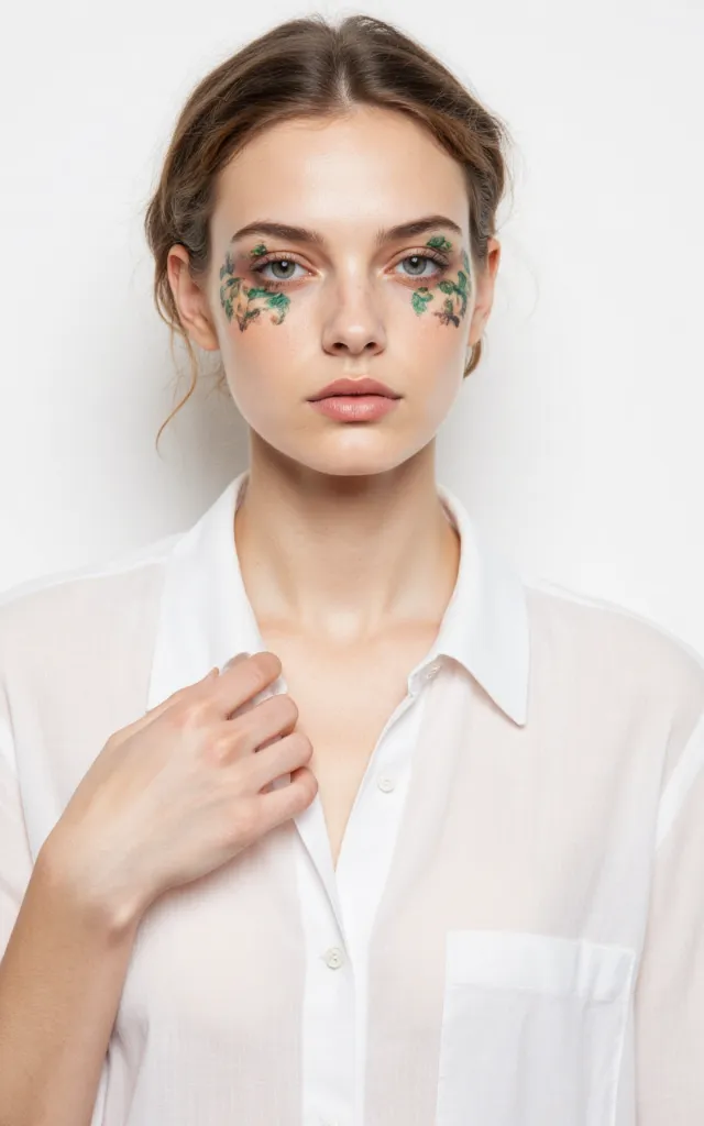A French female model with a Tropical   inspired makeup style, wearing a shirt, against a white background, in a front   facing bust portrait